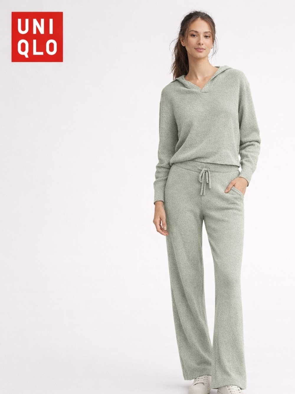UNIQLO SET Light Sage Green Knit Hoodie & Wide-Leg Lounge medium